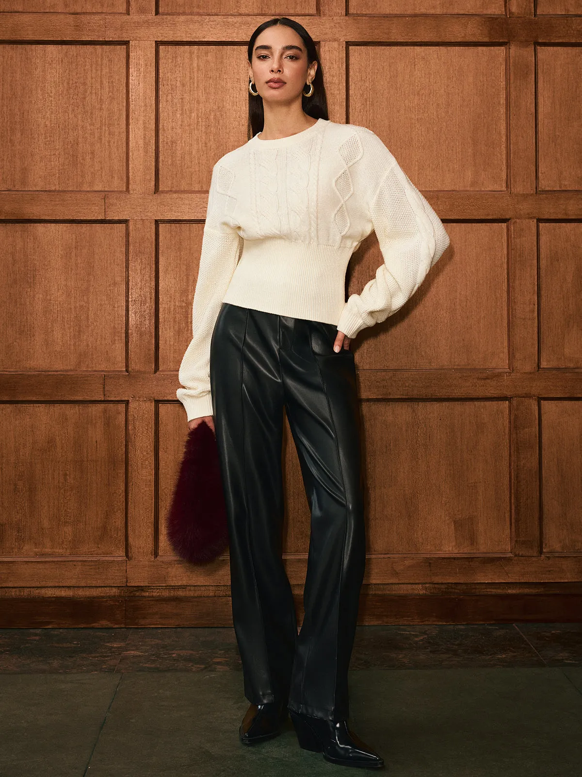 Cinched Waist Cable-Knit Wool-Blend Sweater sold by COMMENSE product image thumbnail 5