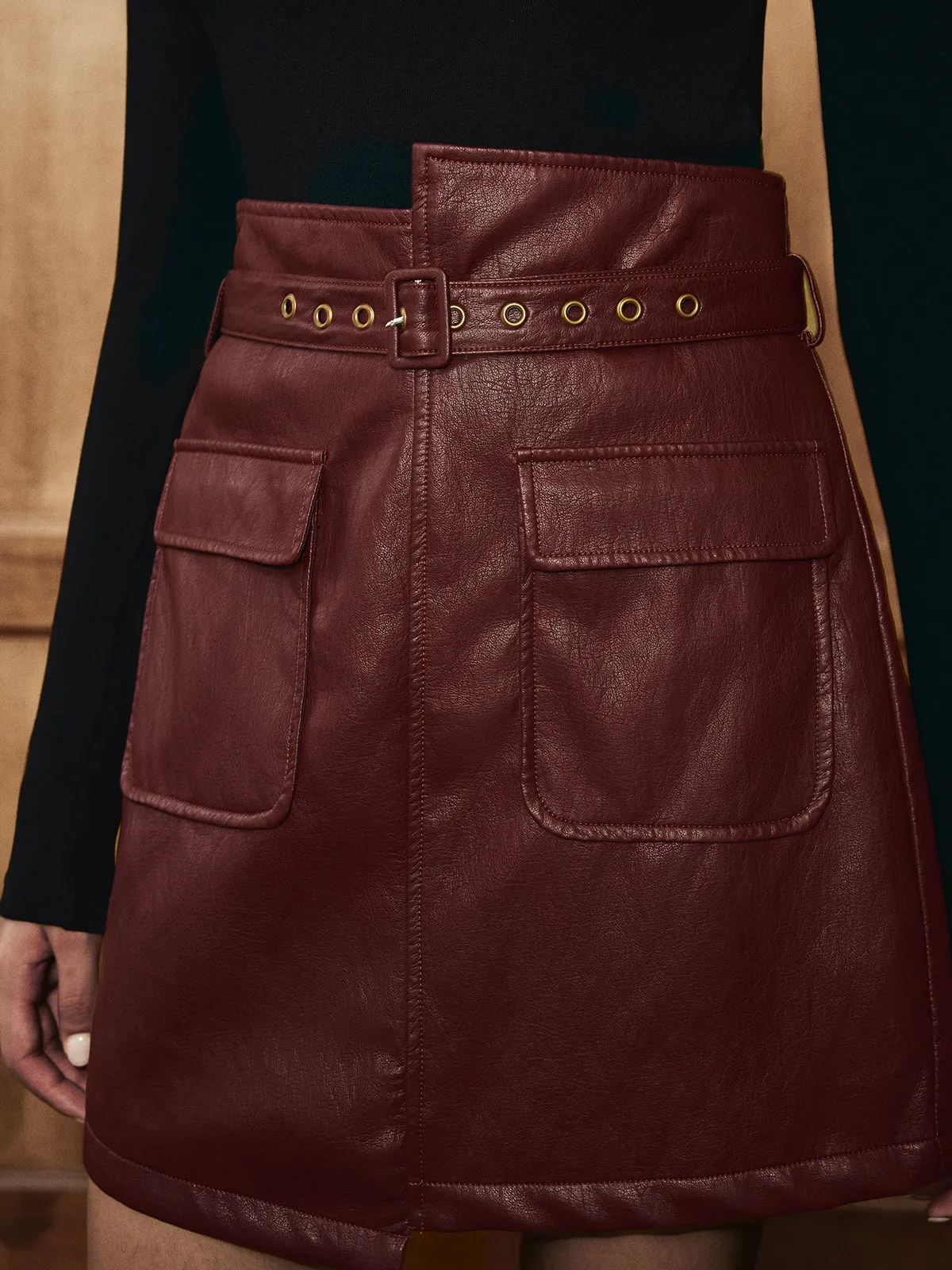 Belted Asymmetric Faux Leather Mini Skirt sold by COMMENSE product image thumbnail 5