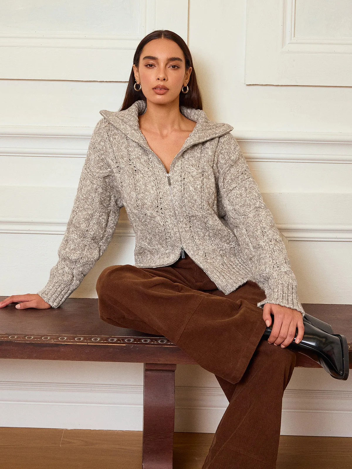 Zip-Up Cable Knit Top sold by COMMENSE product image thumbnail 4