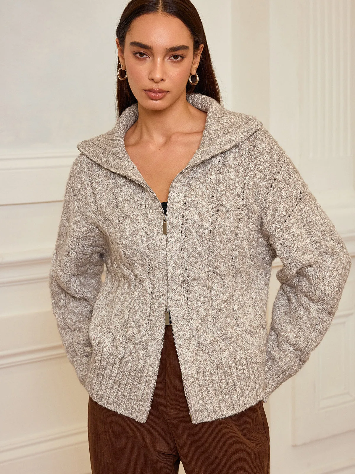 Zip-Up Cable Knit Top sold by COMMENSE