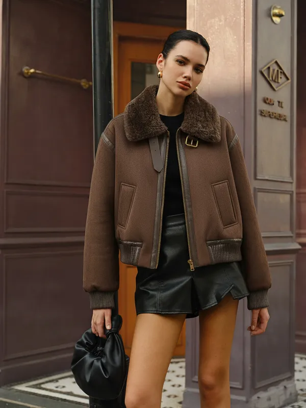 Faux Leather Trim Shearling Jacket sold by COMMENSE
