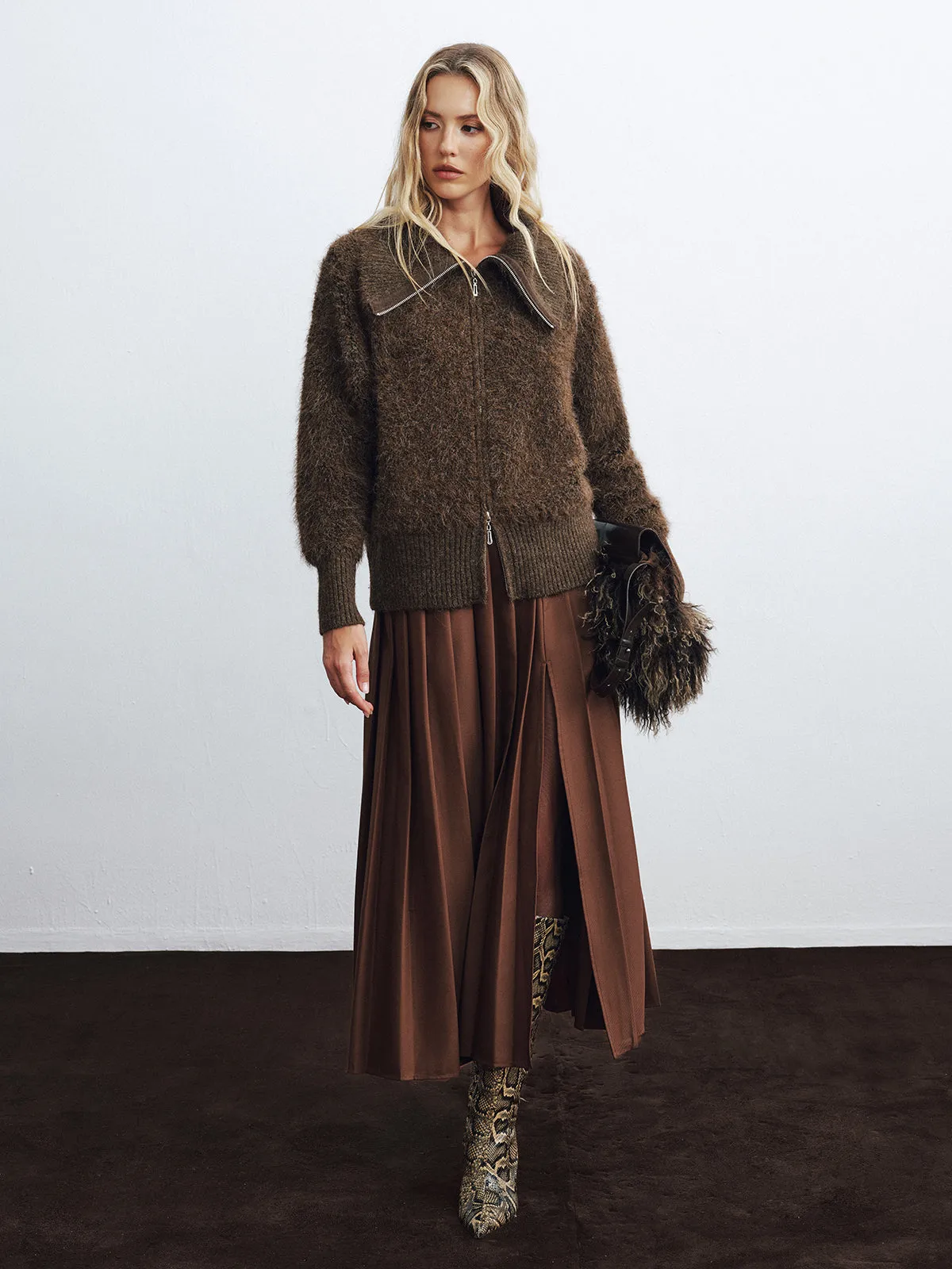 Oversized Collar Double-Zip Fuzzy Knit Jacket sold by COMMENSE product image thumbnail 2