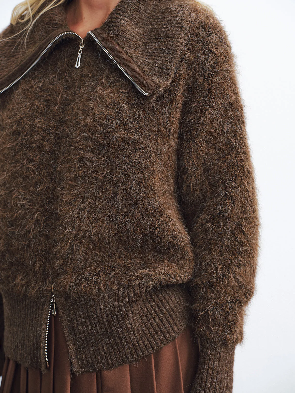 Oversized Collar Double-Zip Fuzzy Knit Jacket sold by COMMENSE product image thumbnail 4