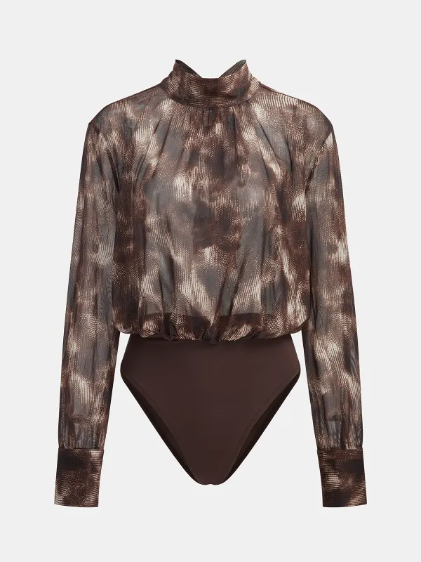 Tie-Dye Mock Neck Back Bow Detail Bodysuit sold by COMMENSE