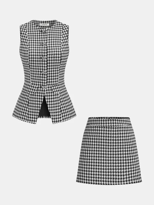 Houndstooth Buttoned Vest and Mini Skirt Set sold by COMMENSE