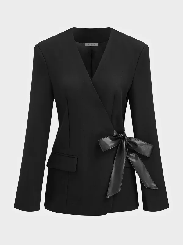 Wrap Front Faux Leather Bow Detail Blazer sold by COMMENSE