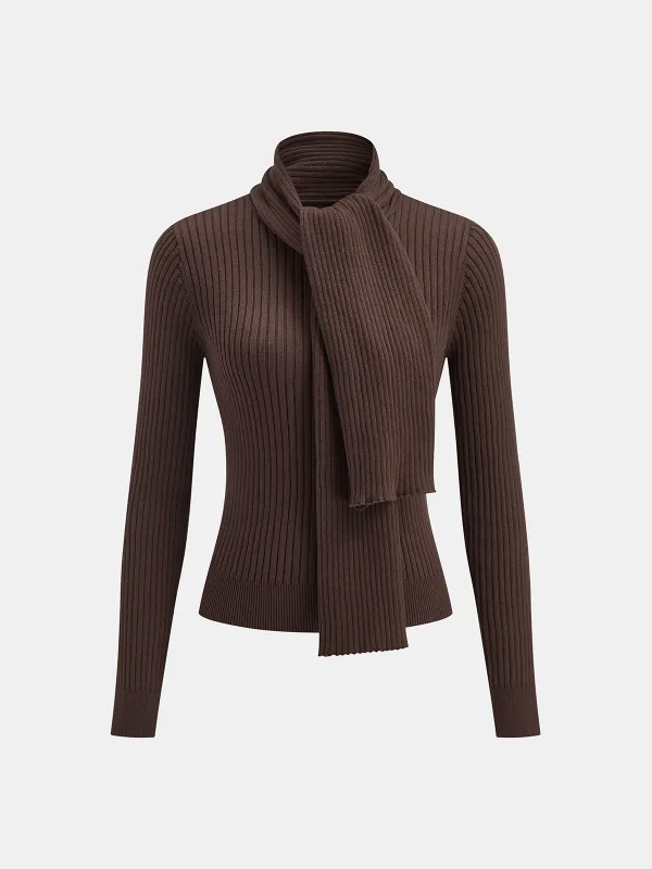 Ribbed Knit Scarf Detail Fitted Top sold by COMMENSE
