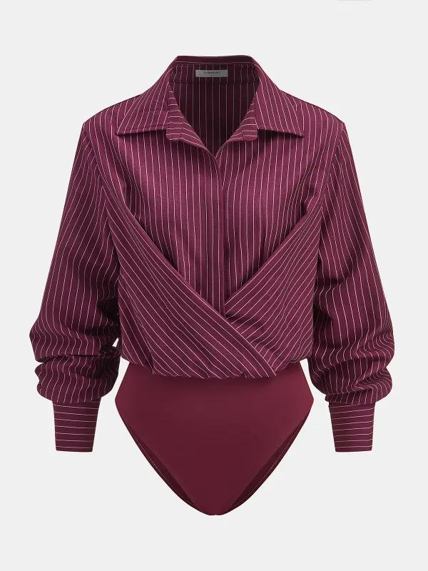 Pinstripe Cross-Front Collared Bodysuit sold by COMMENSE