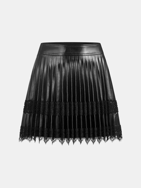 Faux Leather Pleated Lace Mini Skirt sold by COMMENSE