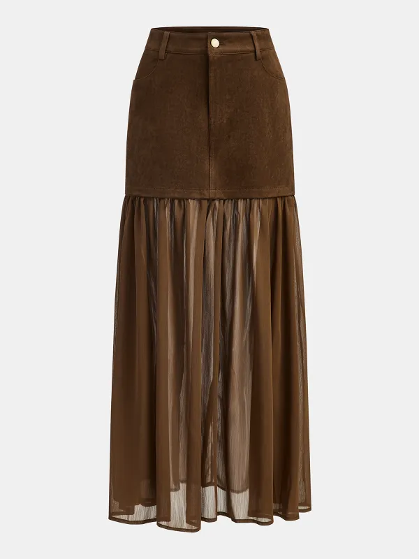 Semi-Sheer Mesh Panel Suede Effect Maxi Skirt sold by COMMENSE
