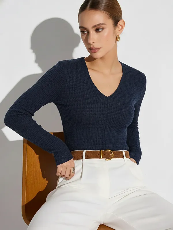 V-Neck Textured Knit Fitted Long-Sleeve Top sold by COMMENSE