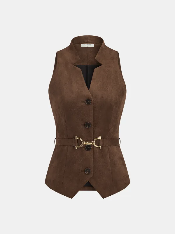 Belted Suede Effect Button-Front Vest sold by COMMENSE