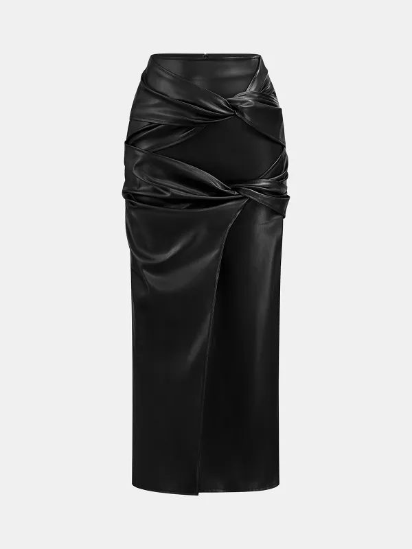 Ruched Twisted Faux Leather Skirt sold by COMMENSE