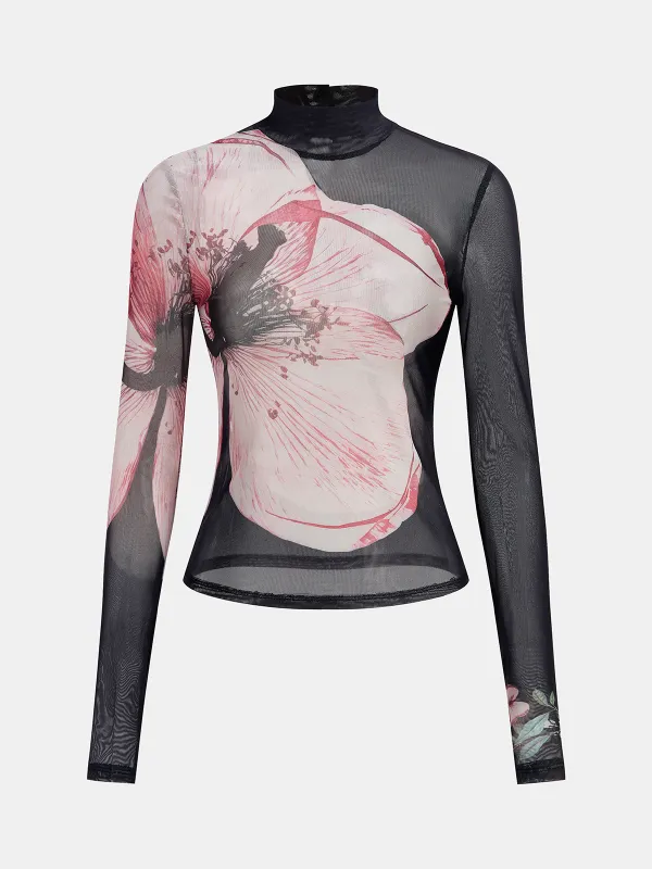 Sheer Mesh Mock Neck Floral Top sold by COMMENSE
