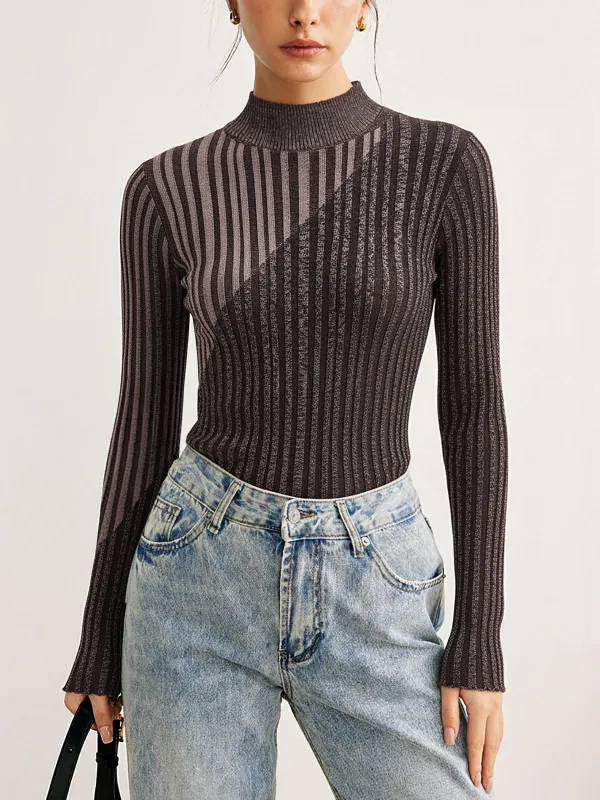 Wool Blend Two-Tone Mock Neck Knit Top sold by COMMENSE