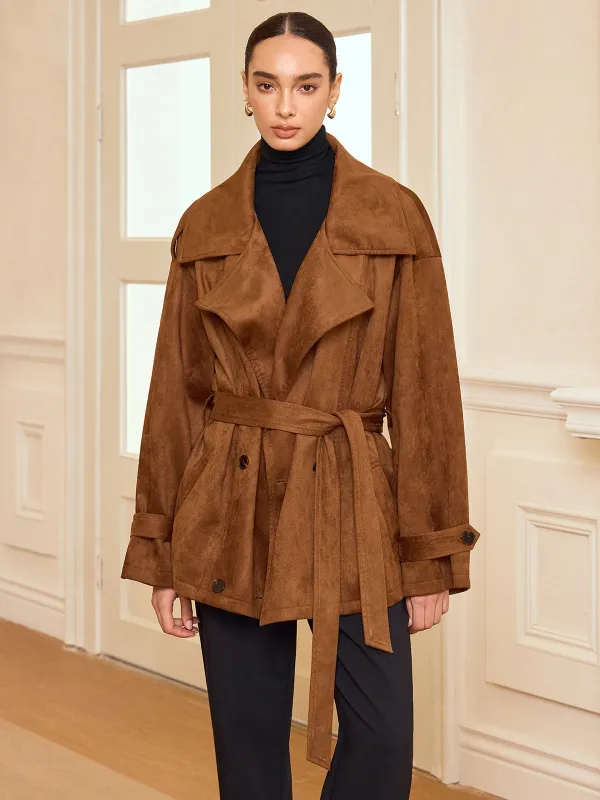 Lapel Suede Belted Trench Coat sold by COMMENSE