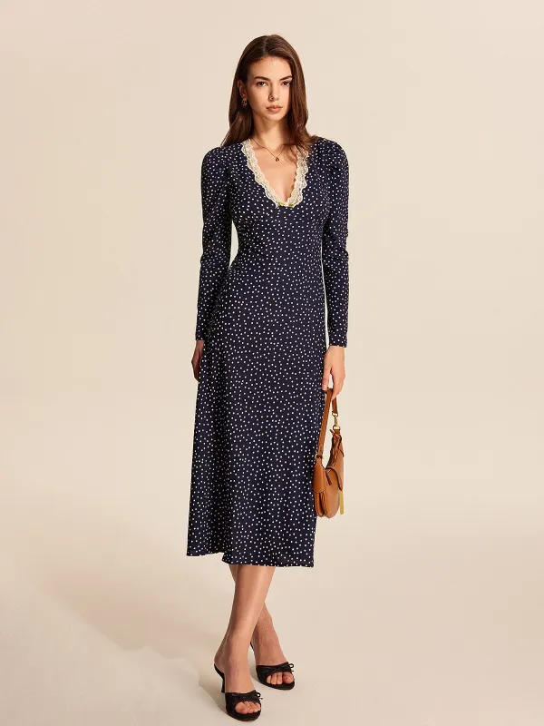 Polka Dot Lace Trim V-Neck Maxi Dress sold by COMMENSE
