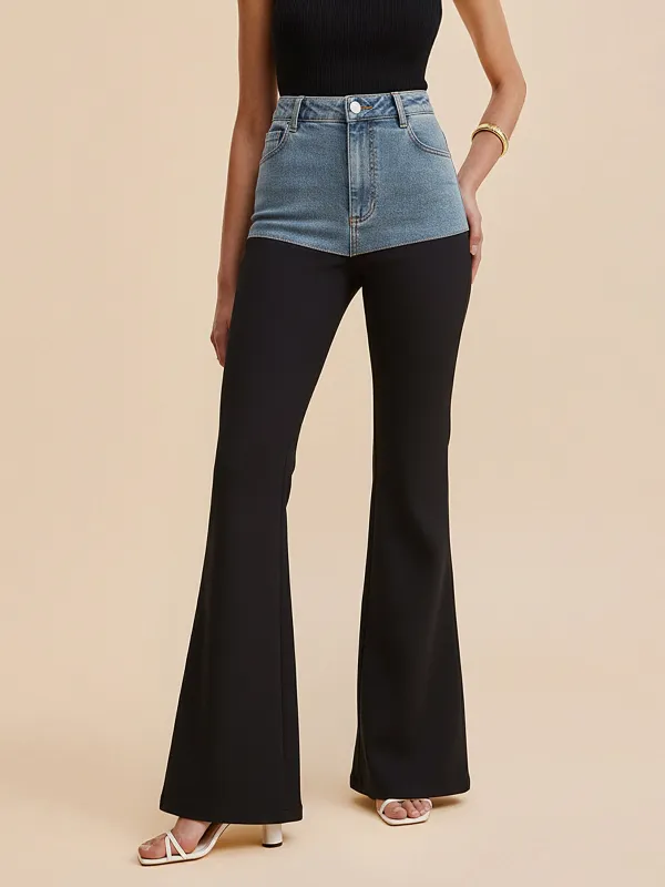 Mid-Waist Denim Panel Flared Pants sold by COMMENSE