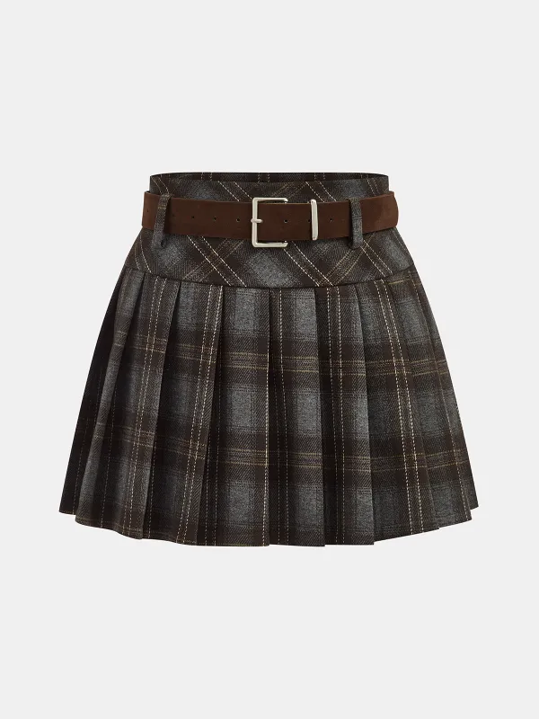 Belted Plaid Pleated Mini Skirt sold by COMMENSE