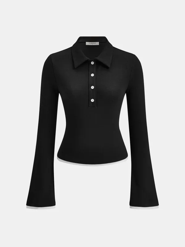 Flared Sleeve Polo Neck Fitted Top sold by COMMENSE