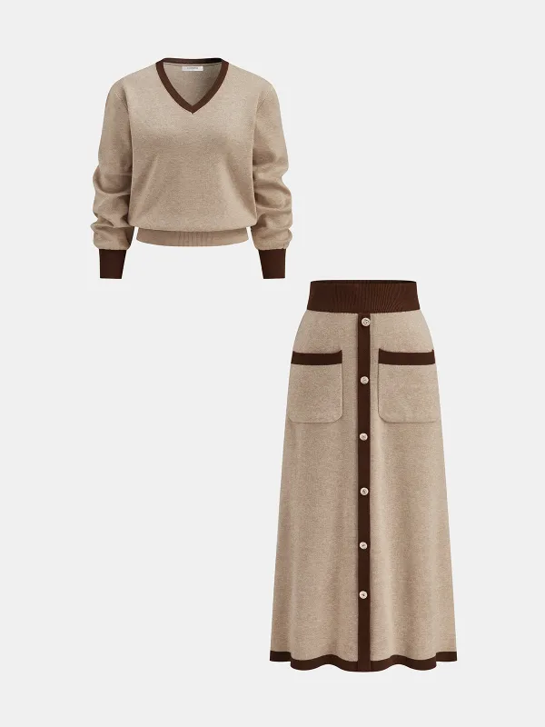 Contrast Trim Knit Top and Midi Skirt Set sold by COMMENSE