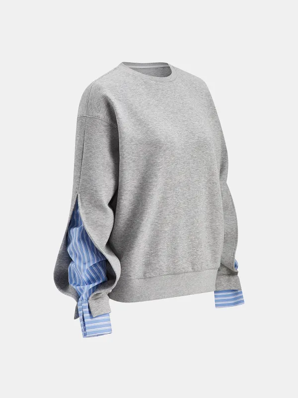 Striped Shirt Panel Crew Neck Sweatshirt sold by COMMENSE