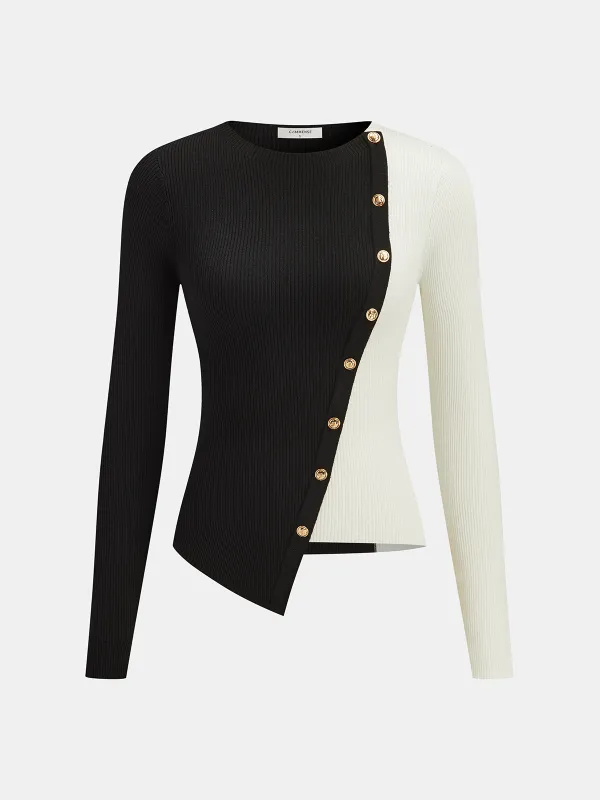 Asymmetric Color Block Metal Button Ribbed Knit Top sold by COMMENSE