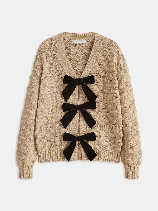 Bow Detail Textured Knit Cardigan sold by COMMENSE