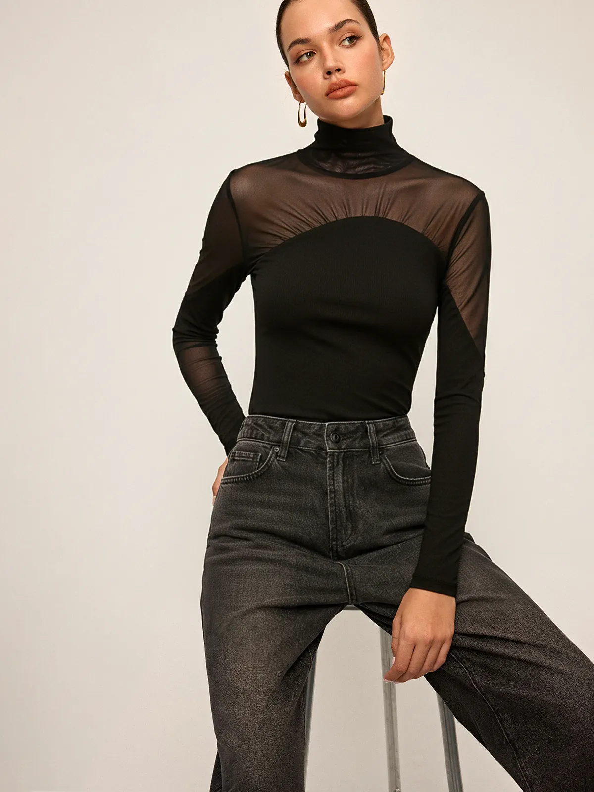 Sheer Mesh Paneled Turtleneck Top sold by COMMENSE