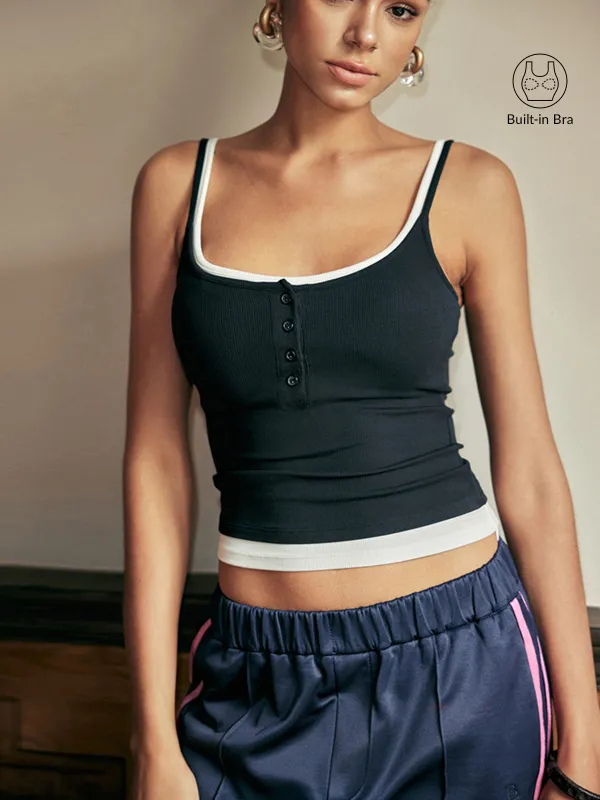 Bra-Free Contrast Trim Henley Cami Top sold by COMMENSE