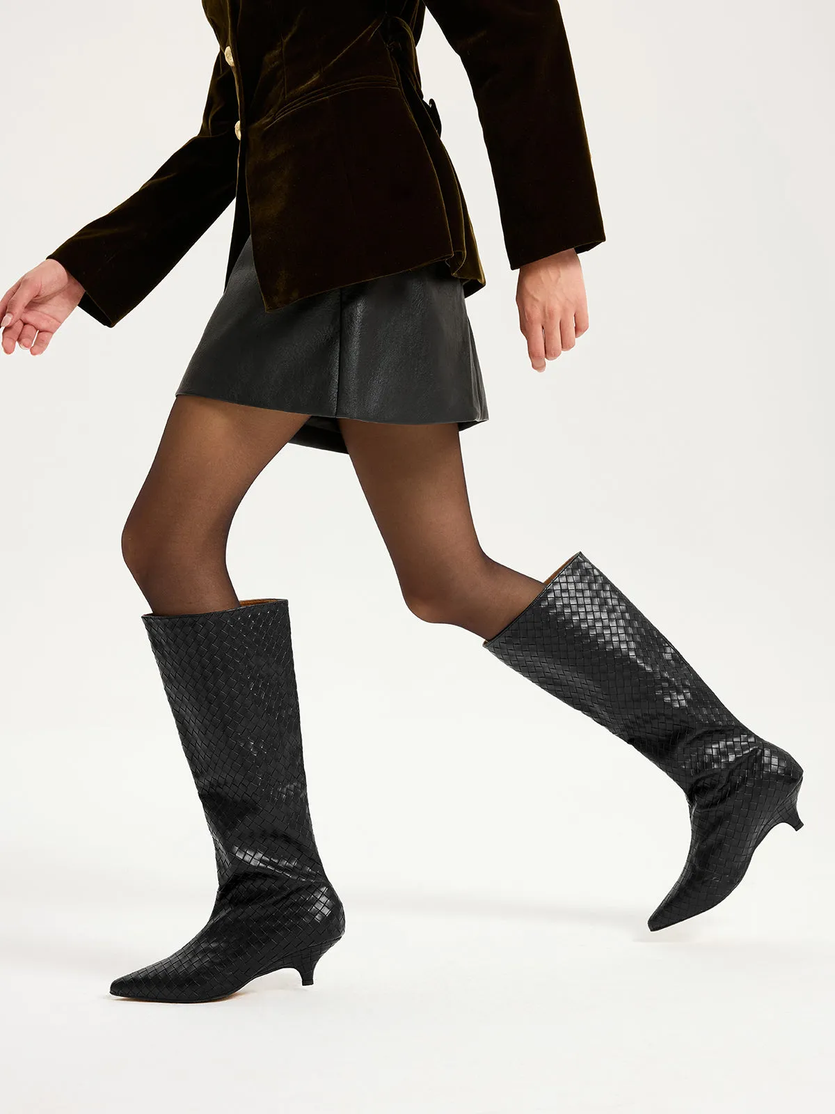 Woven PU Knee-High Kitten Heel Boots sold by COMMENSE product image thumbnail 3