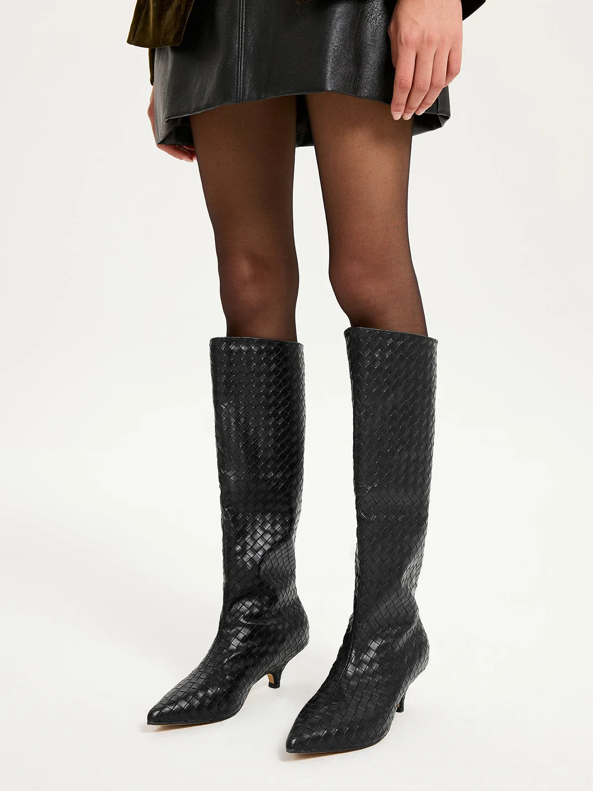 Woven PU Knee-High Kitten Heel Boots sold by COMMENSE product image thumbnail 4