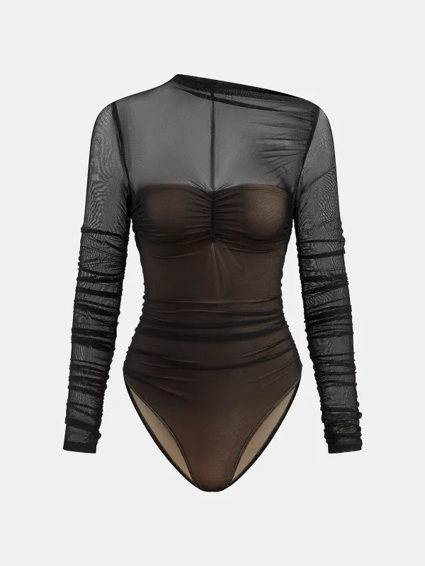 Sheer Mesh Ruched Long Sleeve Bodysuit sold by COMMENSE