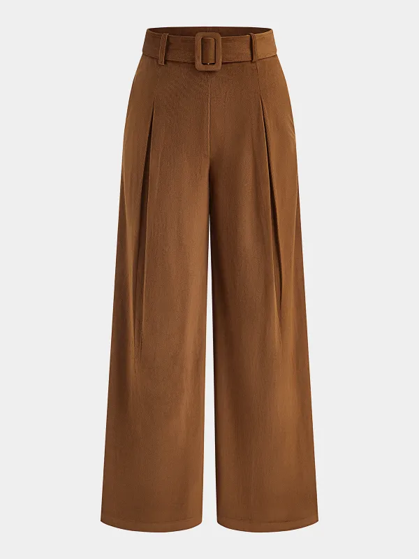 Belted Mid-Waist Corduroy Pleated Pants sold by COMMENSE