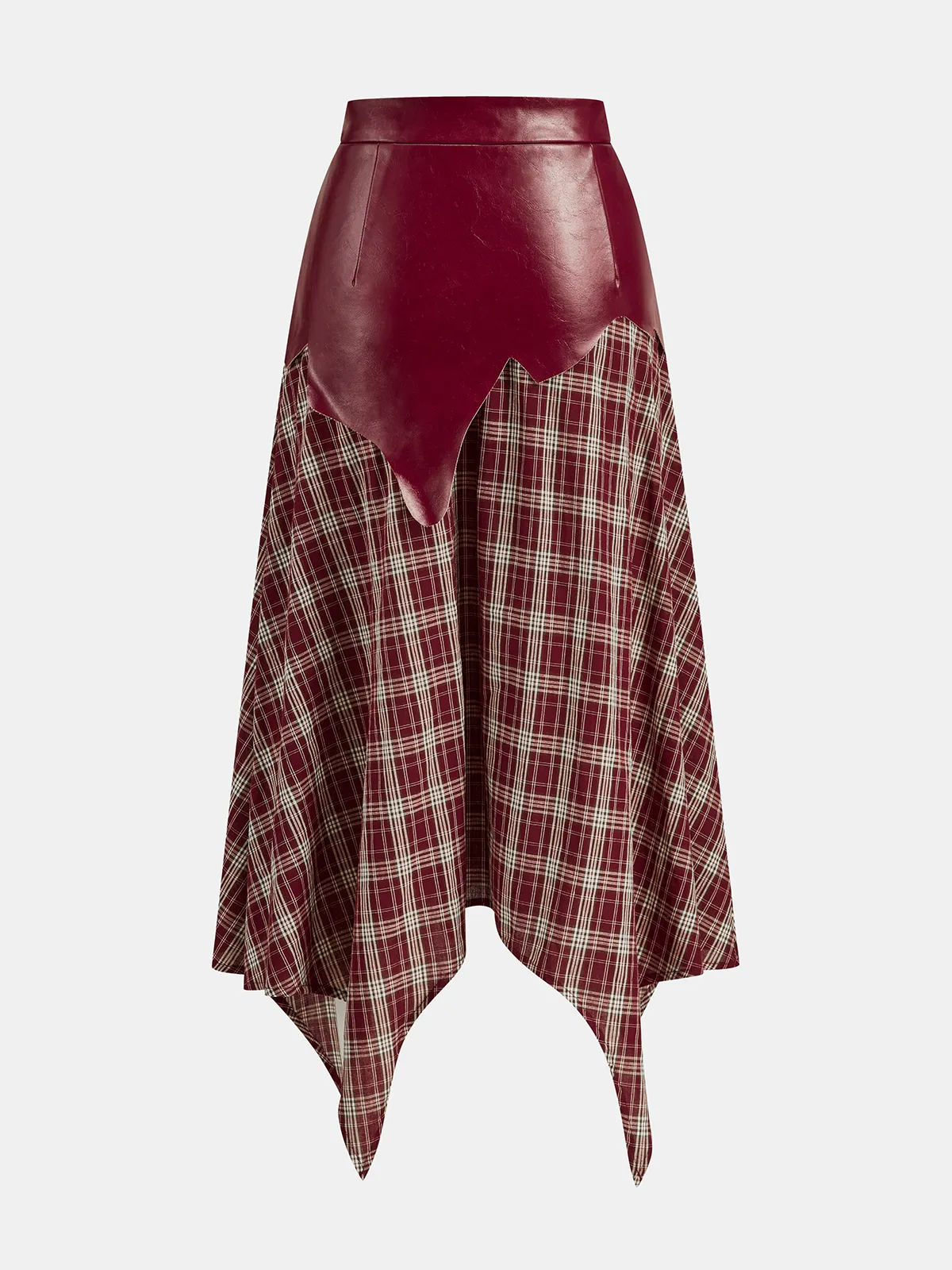 Faux Leather Panel Asymmetric Plaid Midi Skirt sold by COMMENSE product image thumbnail 2