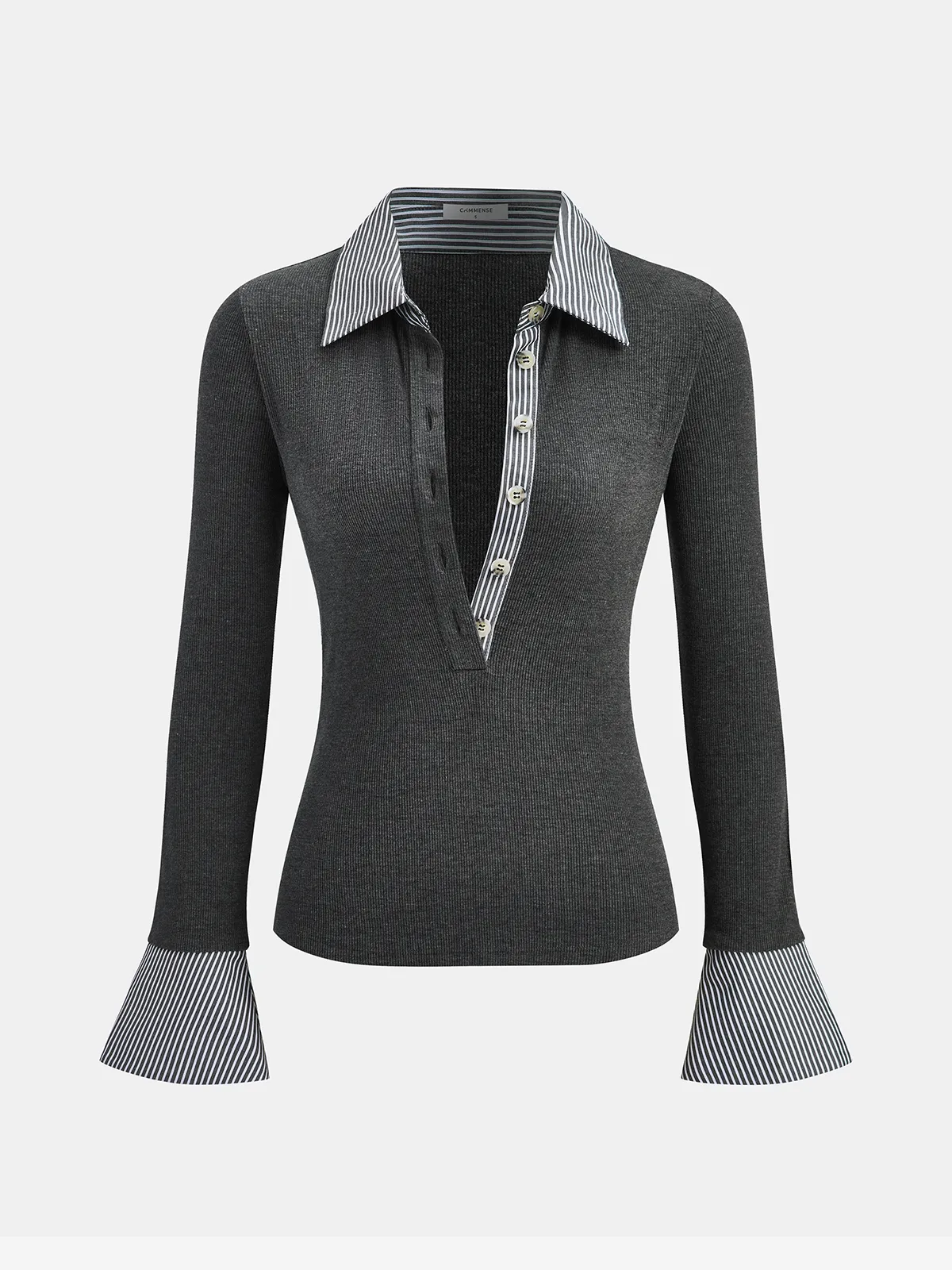 Striped Shirt Panel Knit Top sold by COMMENSE