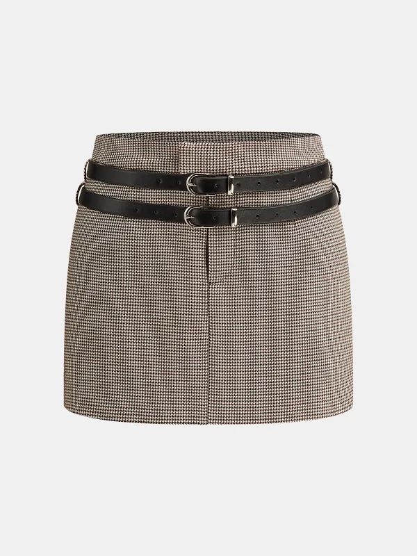 Houndstooth Mini Skirt with Double Belt sold by COMMENSE