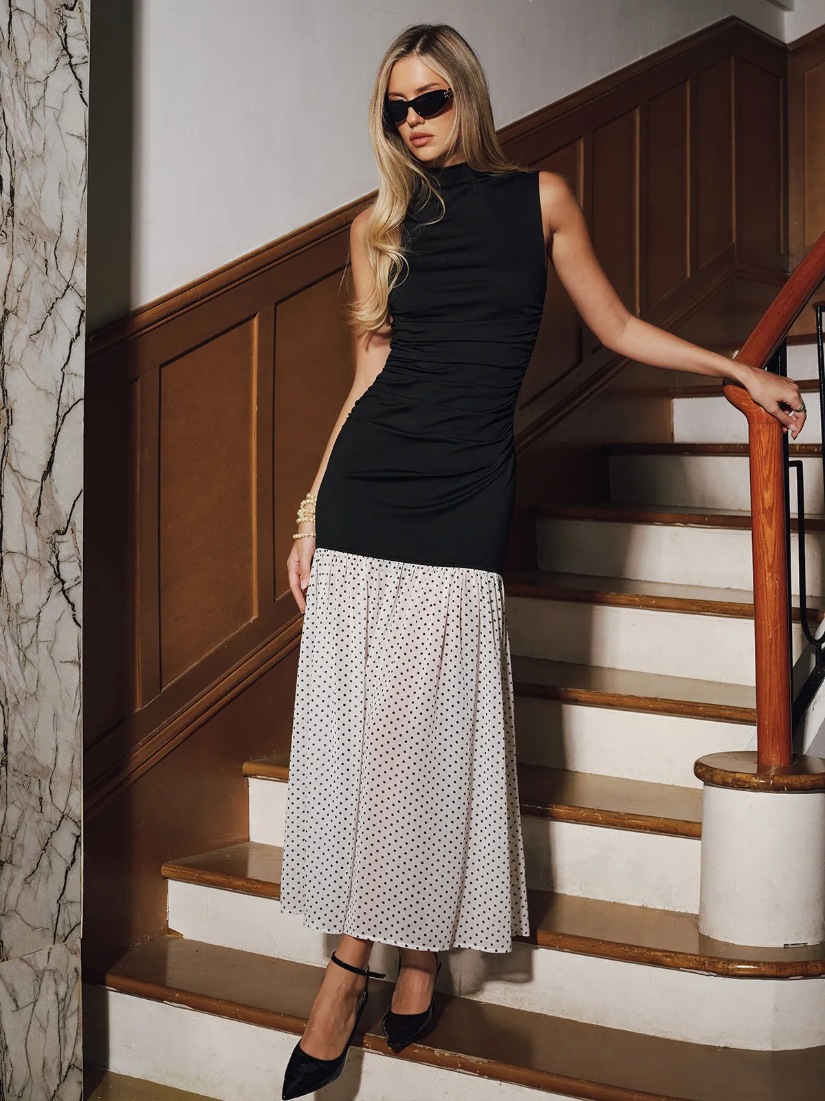 Polka Dot Hem Panel Sleeveless Ruched Maxi Dress sold by COMMENSE product image thumbnail 5