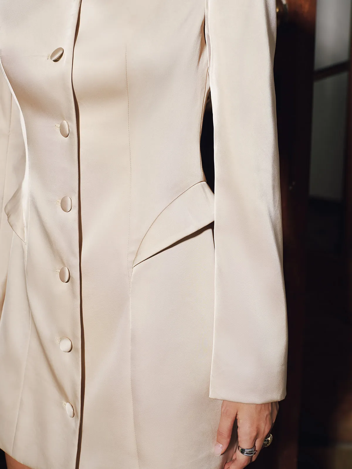 Button-Front Satin Mini Blazer Dress sold by COMMENSE product image thumbnail 4