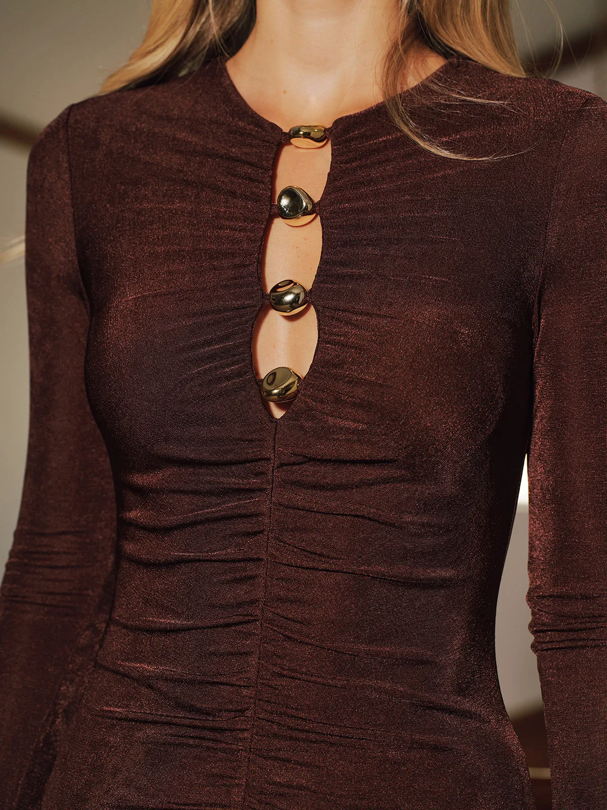 Metal Detail Long-Sleeve Ruched Maxi Dress sold by COMMENSE product image thumbnail 4