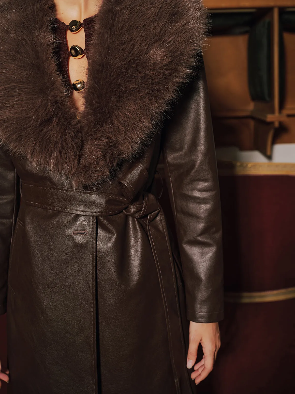 Faux Fur Collar Faux Leather Long Coat sold by COMMENSE product image thumbnail 4