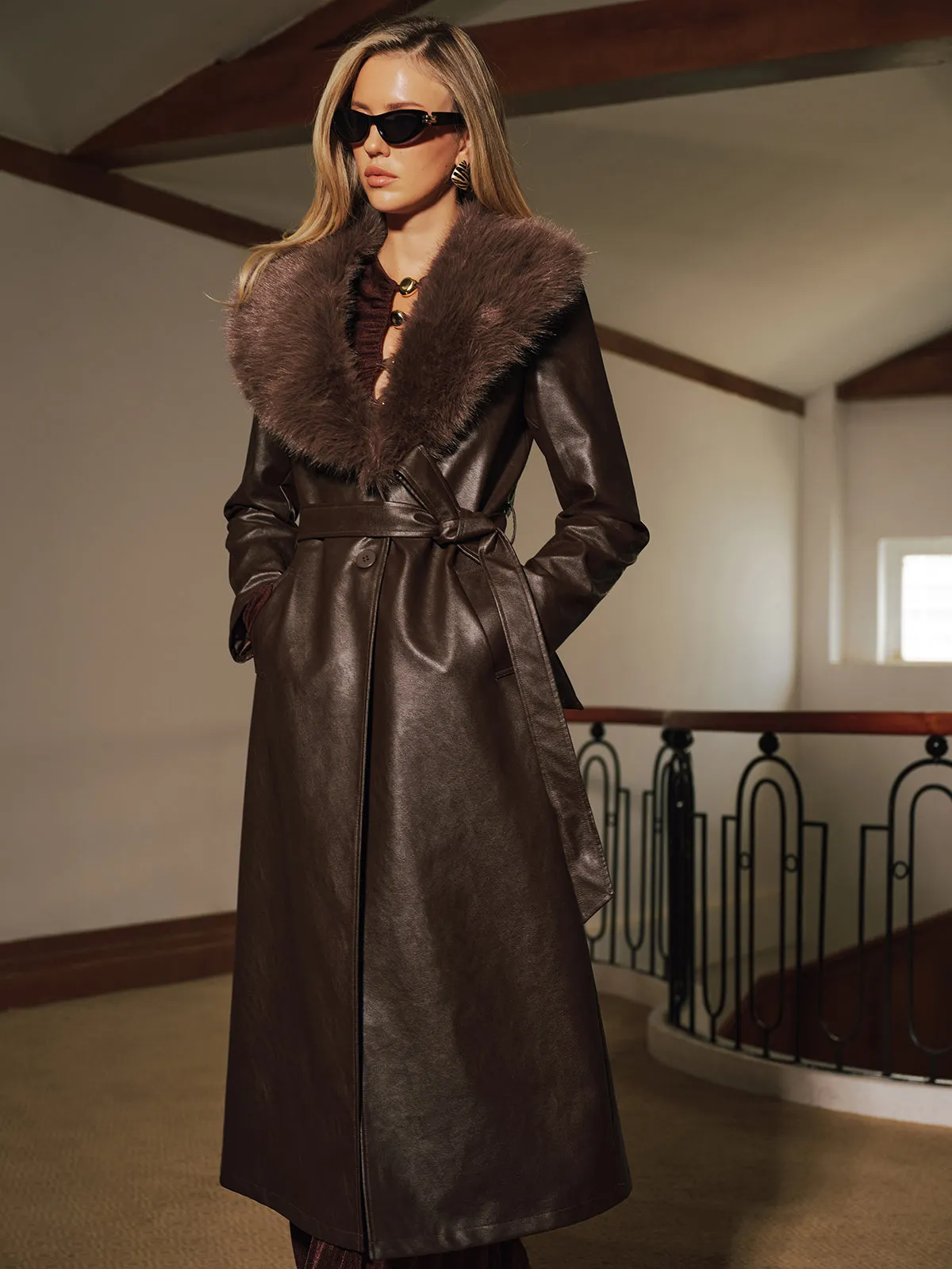 Faux Fur Collar Faux Leather Long Coat sold by COMMENSE product image thumbnail 3