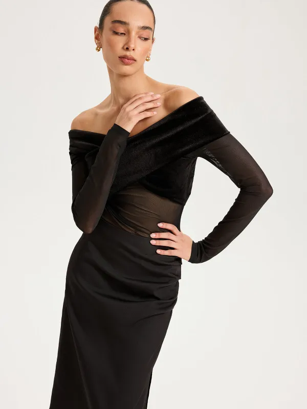 Mesh Paneled Velvet Off-Shoulder Long Sleeve Top sold by COMMENSE