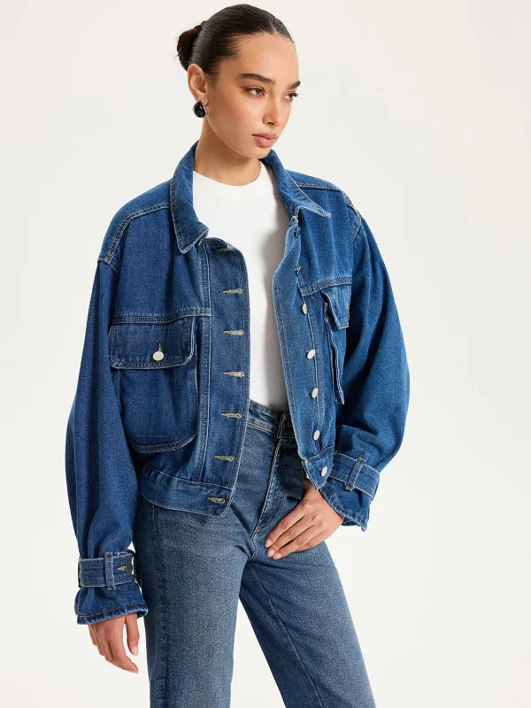 Collared Denim Cropped Jacket sold by COMMENSE