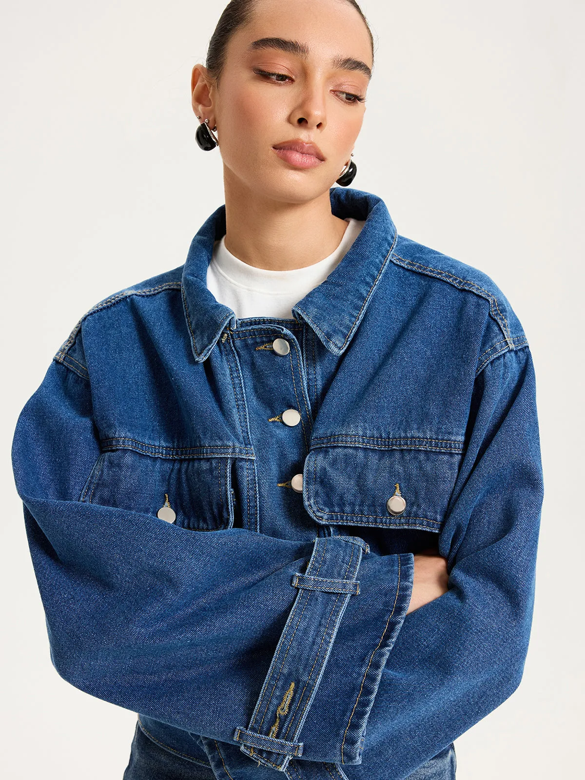 Collared Denim Cropped Jacket sold by COMMENSE product image thumbnail 3