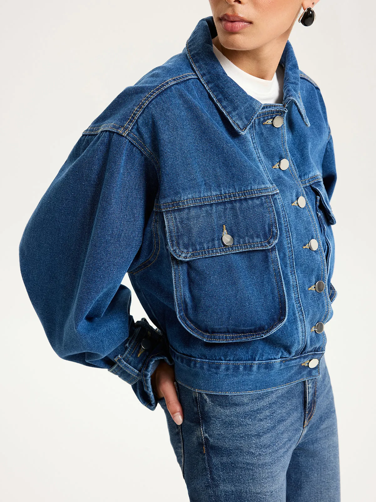 Collared Denim Cropped Jacket sold by COMMENSE product image thumbnail 4