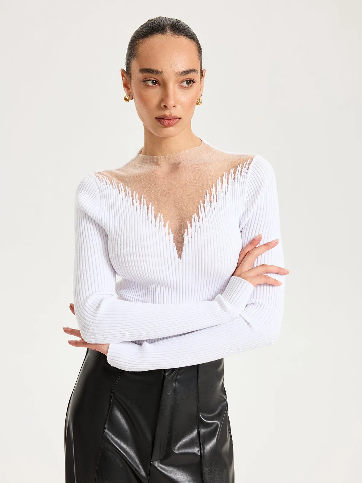 Sheer Mesh Panel Ribbed Knit Top sold by COMMENSE