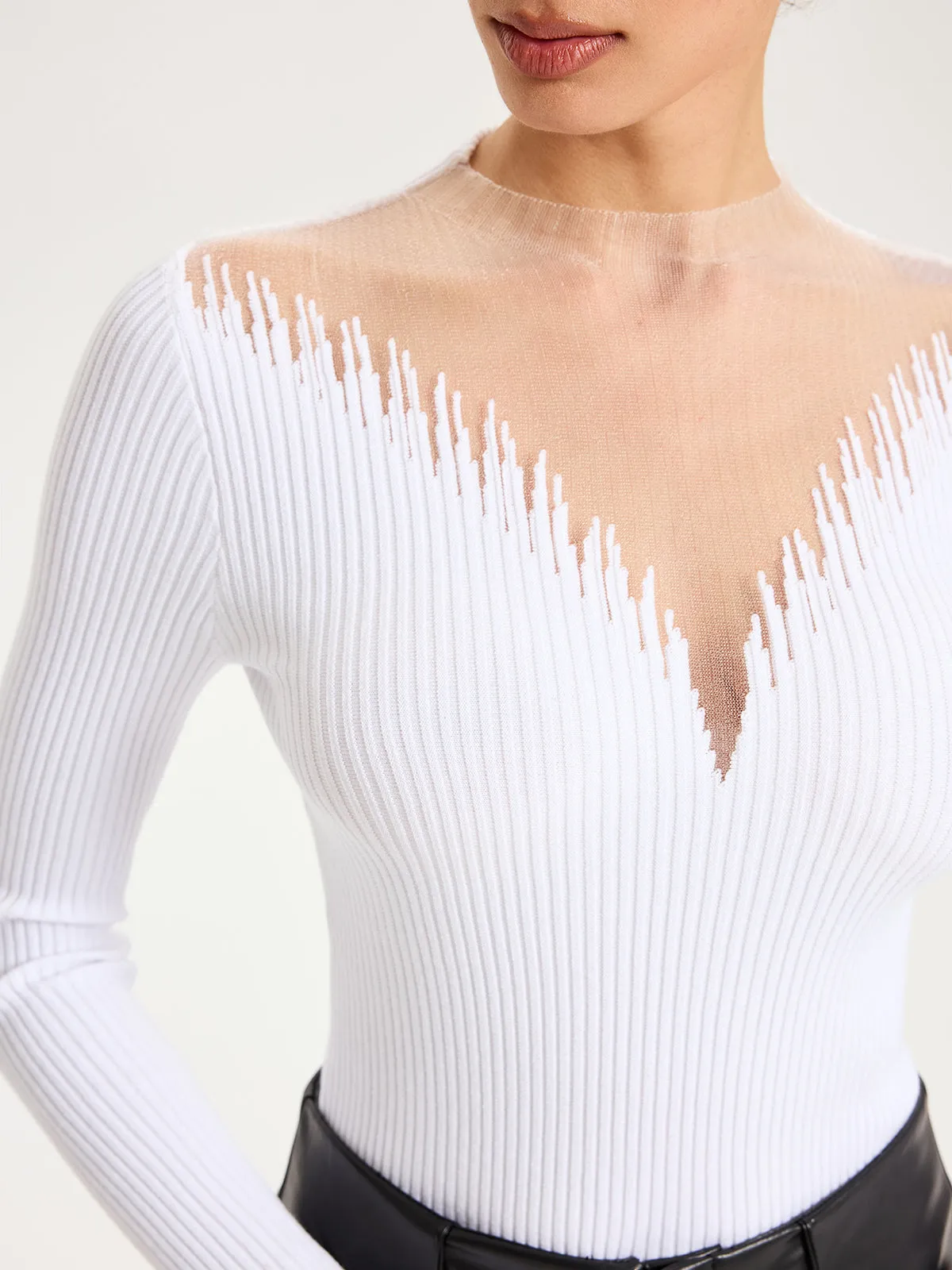 Sheer Mesh Panel Ribbed Knit Top sold by COMMENSE product image thumbnail 5