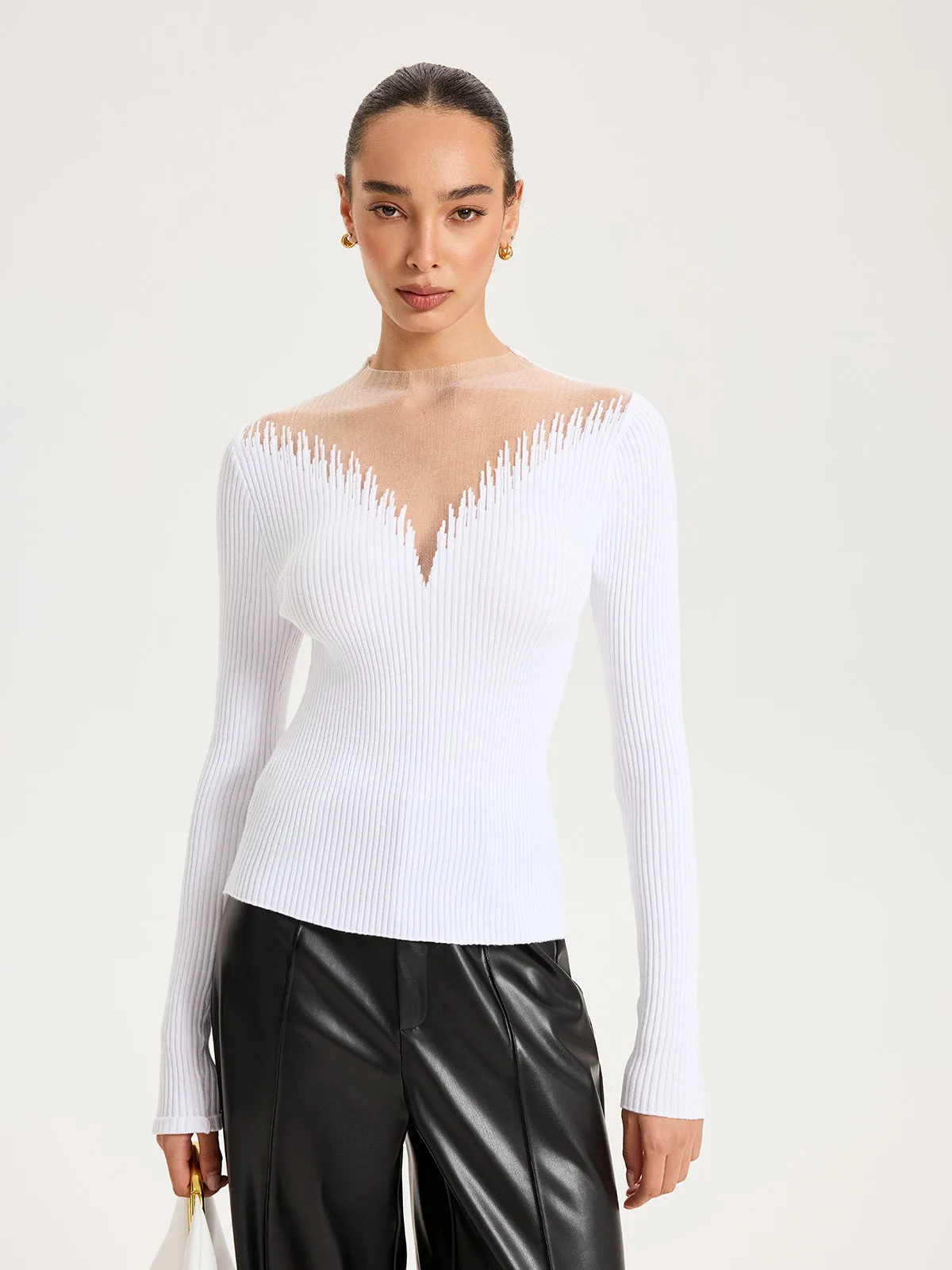 Sheer Mesh Panel Ribbed Knit Top sold by COMMENSE product image thumbnail 2