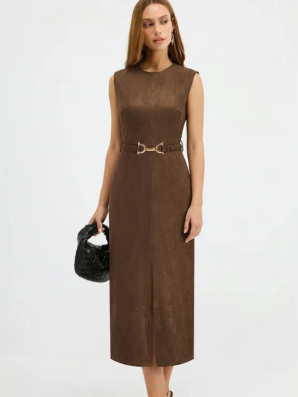 Belted Suede Sleeveless Midi Dress sold by COMMENSE